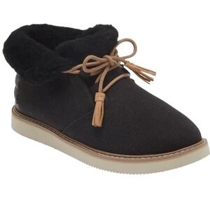 NWOB‎ SANUK Cozy Vibe Brown Canvas Boot Slippers Sz W7 Wool Lining Tassel Lace
